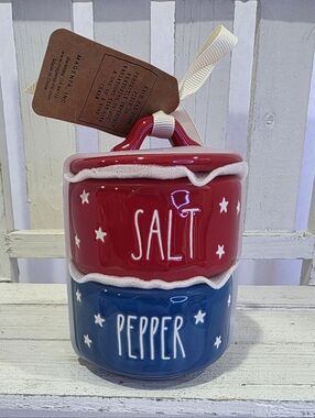 🇺🇸Rae Dunn Patriotic Salt & Pepper Stacking Cellars Red White Blue Stars.